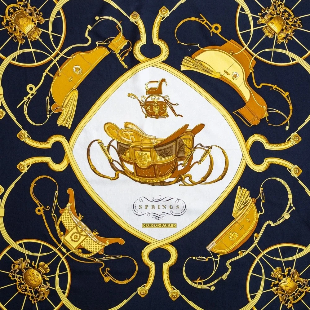 Hermès Springs Silk Scarf Black Gold Equestrian Carré 90 Vintage France